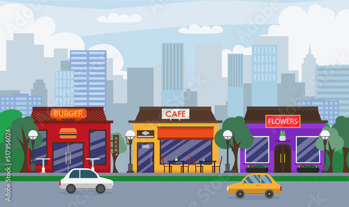 Buildings of commercial establishments and shops in a flat style.
