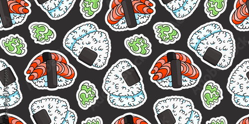 Nigiri, onigiri and wasabi, vector seamless pattern in the style of doodles, hand drawn