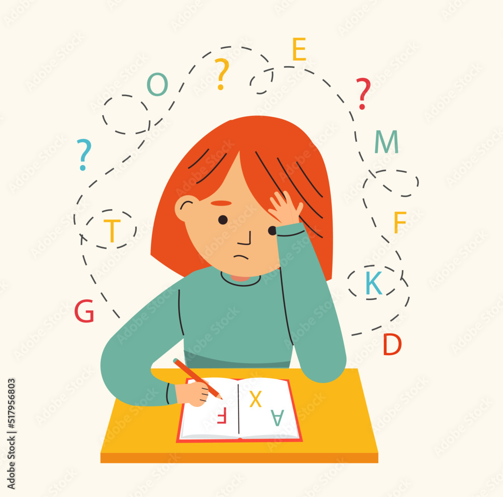 Dysgraphia, dyslexia and  learning difficulties concept. Vector illustration. Young girl  character has problems with reading, writing. - obrazy, fototapety, plakaty 