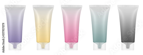 Set of plastic tubes with transparent caps. Purple, yellow, green, pink and black colors. Hand cream, mask or lotion. Gradient colors. Rainbow palette