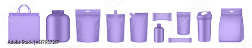 Violet packaging set. Realistic jar, pouch, doy pack, sachet, shaker, bag. Set of sports food bottles and protein bars. Vitamines, l-carnitine, caseine, capsules, and whey. Fitness nutrition