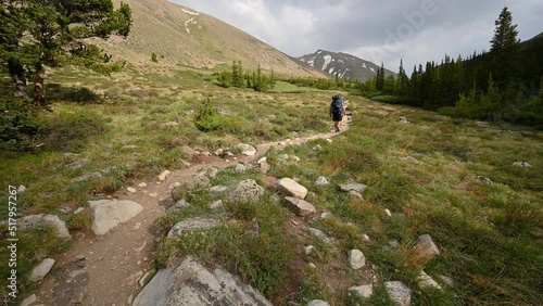 Backpacker hiking on a trail in the Collegiate Peaks Wilderness photo