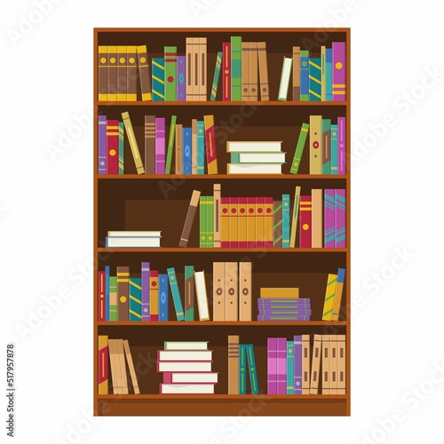 Brown wooden bookcase with books of library or bookstore isolated on white background. Book shelves with multicolored book spines. Education and knowledge, studying and learning. Vector illustration