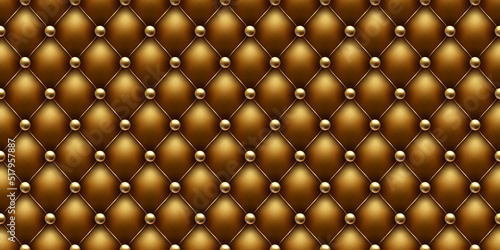 Gold colored buttoned luxury leather pattern with golden bead diagonal wire waves. Vector seamless premium background diamond shape elements, gold pearl balls. Luxury pattern page fill, wrapping paper