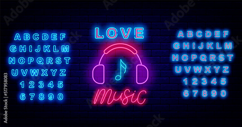 Love music neon sign on brick wall. Headphones and note. Talent show and karaoke label. Vector illustration