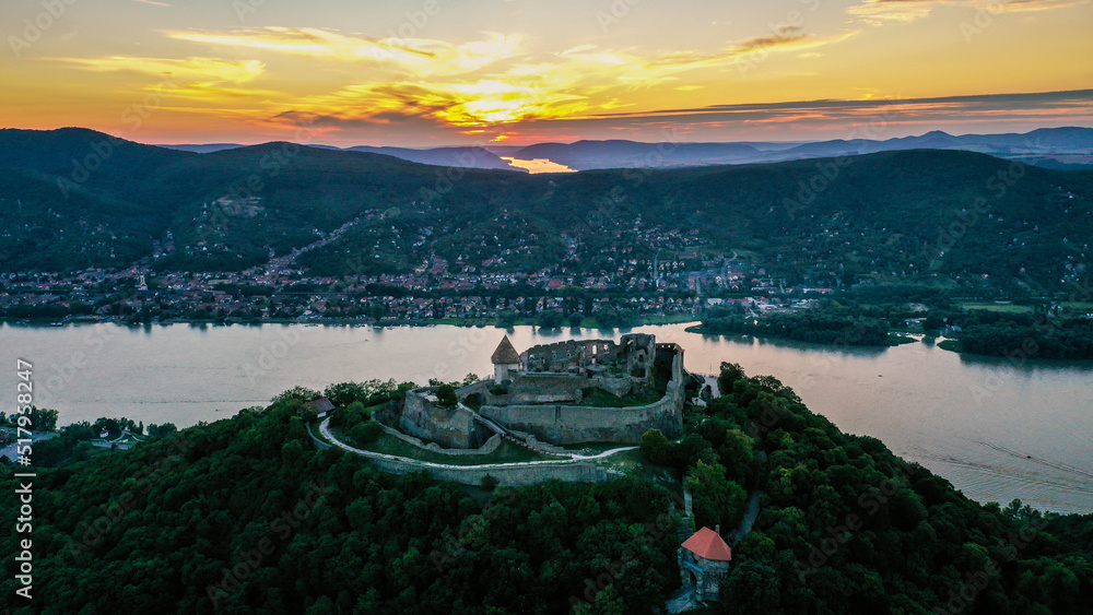 aerial view of castle before sunset