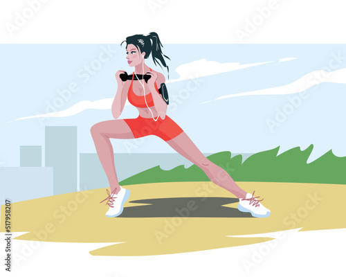 Vector illustration of a beautiful girl does exercises with dumbbells at outdoor. Fitness concept of a healthy lifestyle