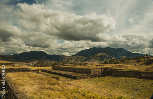 Pyramids and foundations of Teotenango, Matlatzinca archaeological zone in Tenango del Valle, State of Mexico, Mexico. In the background you can see the Nevado de Toluca