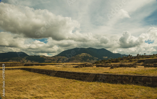 Pyramids and foundations of Teotenango, Matlatzinca archaeological zone in Tenango del Valle, State of Mexico, Mexico. In the background you can see the Nevado de Toluca