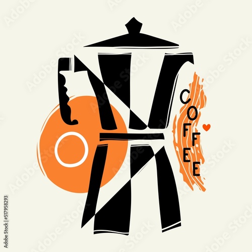 Abstract vector illustration with geyser coffee maker and lettering word Coffee. Trendy monochrome typography poster, apparel print design, cafe wall decoration poster