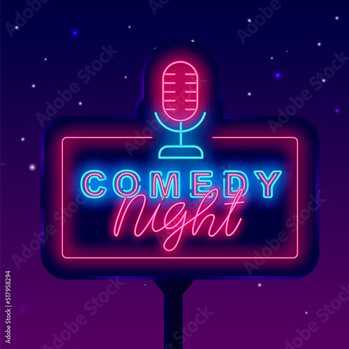 Comedy night neon street billboard. Night advertising. Stand up poster. Comic show. Light sign. Vector illustration