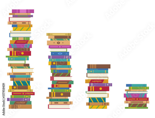 Pile of books isolated on white background. 3 stacks of books different by height in library or bookstore.. Education and knowledge, studying and learning. Vector illustration