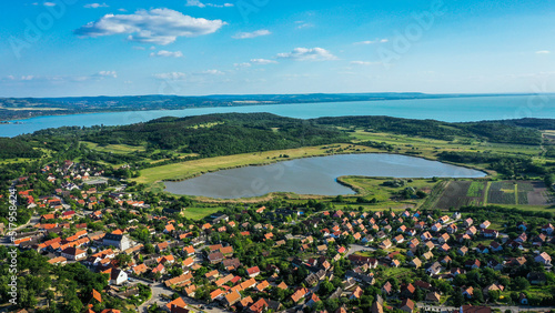 Fotografie, Obraz aerial view small lake in the middle of the island at Balaton