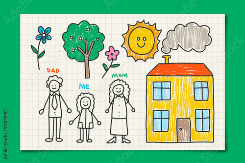 Child Drawing Mother, Father and Child Illustration Coloring