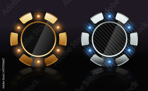 Silver and golden poker chip black carbon texture vector casino logo isolated on dark glossy background. Futuristic poker tournament or club luxury emblem with yellow blue LED light bulbs