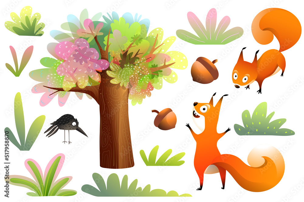 Funny naughty squirrels collection, clip art with a big tree bushes and