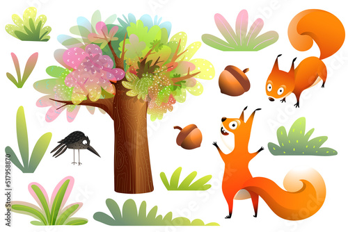Funny naughty squirrels collection, clip art with a big tree bushes and grass. Nature and squirrels elements isolated clipart. Happy hilarious kids animals cartoon. Vector graphics for children.
