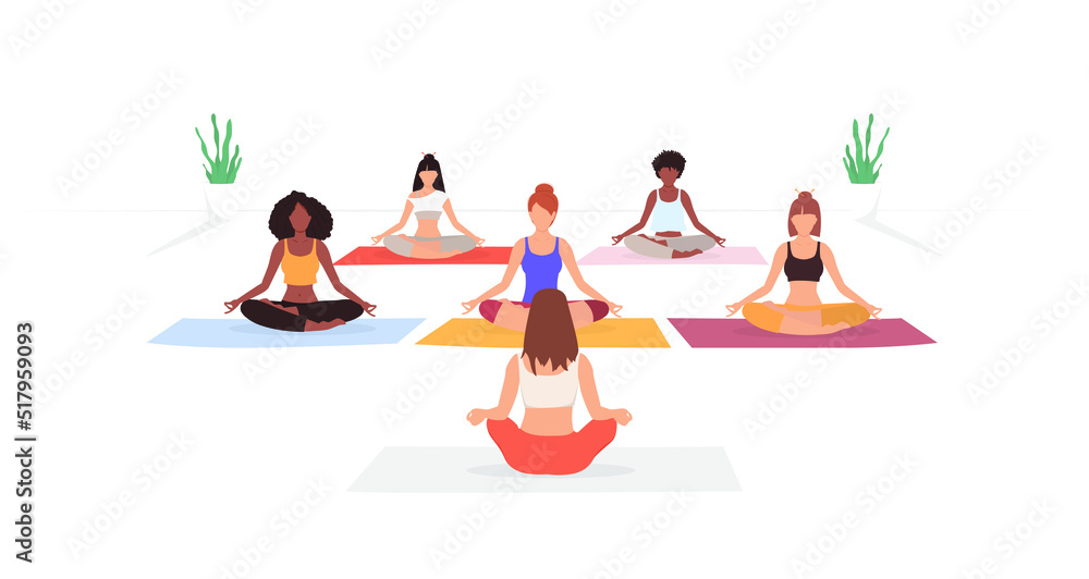Group of women practicing yoga. Meditating women. Vector illustration. Women isolated in lotus pose Group of women practicing yoga. Meditating women. Vector illustration. Women isolated in lotus pose