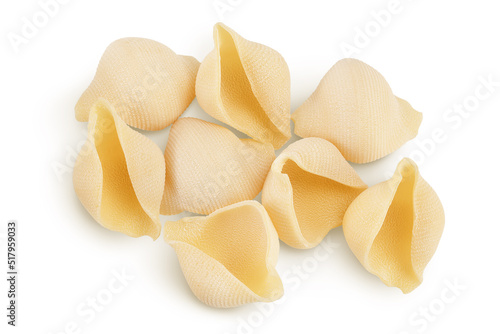 Conchiglioni italian pasta isolated on white background. Top view. Flat lay