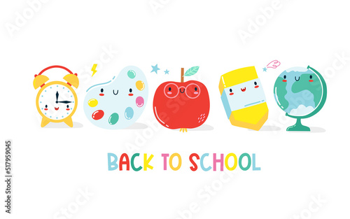 Back to school banner. Frame from cute kawaii school supplies. Happy vector cartoon character for kids