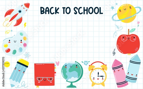 Back to school banner. Frame from cute kawaii school supplies. Happy vector cartoon character for kids