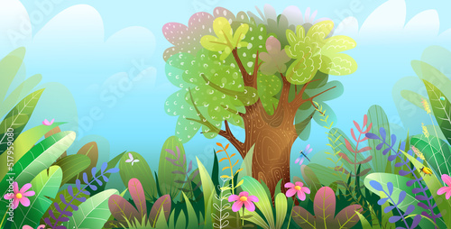 Forest or jungle fairytale wallpaper with big tree and colorful leaves and flowers. Children forest or woods illustration for cover or horizontal banner design. Vector jungle for kids.