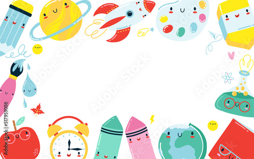 Back to school banner. Frame from cute kawaii school supplies. Happy vector cartoon character for kids