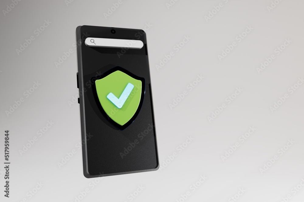 black mobile phone with an antivirus icon on the screen on a white background with a place for a signature next to it. green shield with a white check mark on it. no viruses found. 3d illustration. black mobile phone with an antivirus icon on the screen on a white background with a place for a signature next to it. green shield with a white check mark on it. no viruses found. 3d illustration.