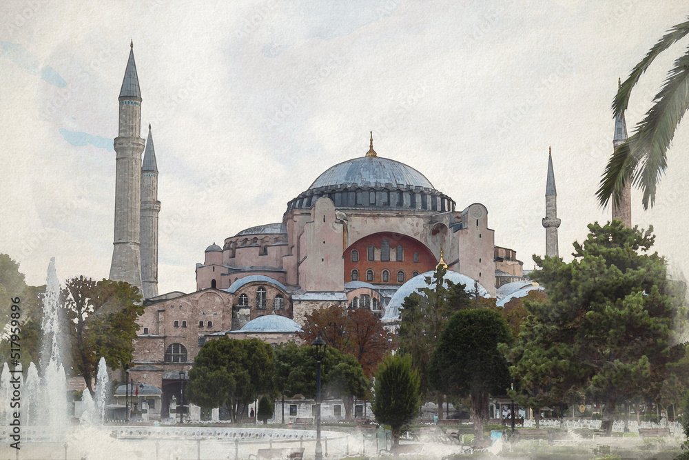 Hagia Sofia in Istanbul, Turkey. Hagia Sofia, Sultanahmet,  digital watercolor illustration on vintage paper texture.