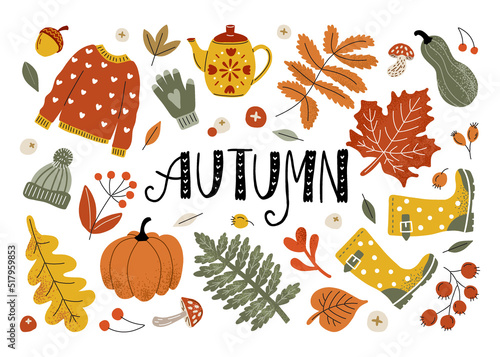 cozy autumn vector set with lettering. Sweater, kettle, leaf fall and boots. Pumpkin, hat and gloves will warm you up in autumn. Fall and rubber boots