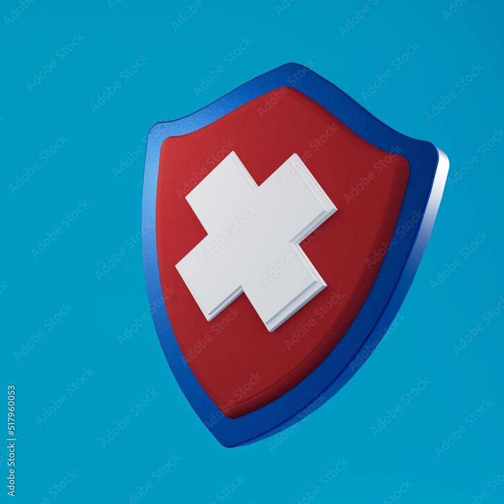 big antivirus icon on a blue background. virus found. virus file error. red shield with a white cross on it. 3d render. 3d illustration big antivirus icon on a blue background. virus found. virus file error. red shield with a white cross on it. 3d render. 3d illustration