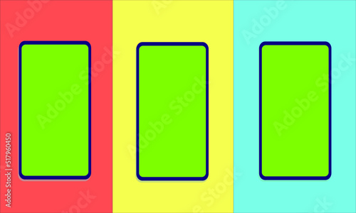 A vector of three smartphones with green chroma key on orange, yellow and blue background. Smart technology and communication concept.