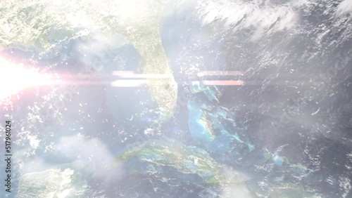 Earth zoom in from outer space to city. Zooming on Fort Lauderdale, Florida, USA. The animation continues by zoom out through clouds and atmosphere into space. Images from NASA
