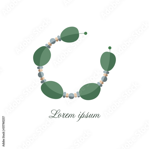 A bracelet made of stones and beads in green and blue shades for the jewelry store logo. An emblem for handmade products. Jadeite, beryl, malachite. Vector image of a bracelet for badges, stickers, ta