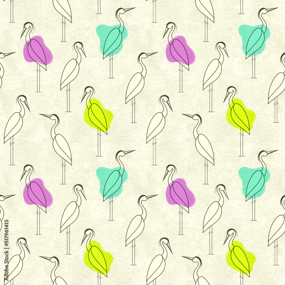Seamless repeat pattern. Herons with splashes of color on textured backgound.