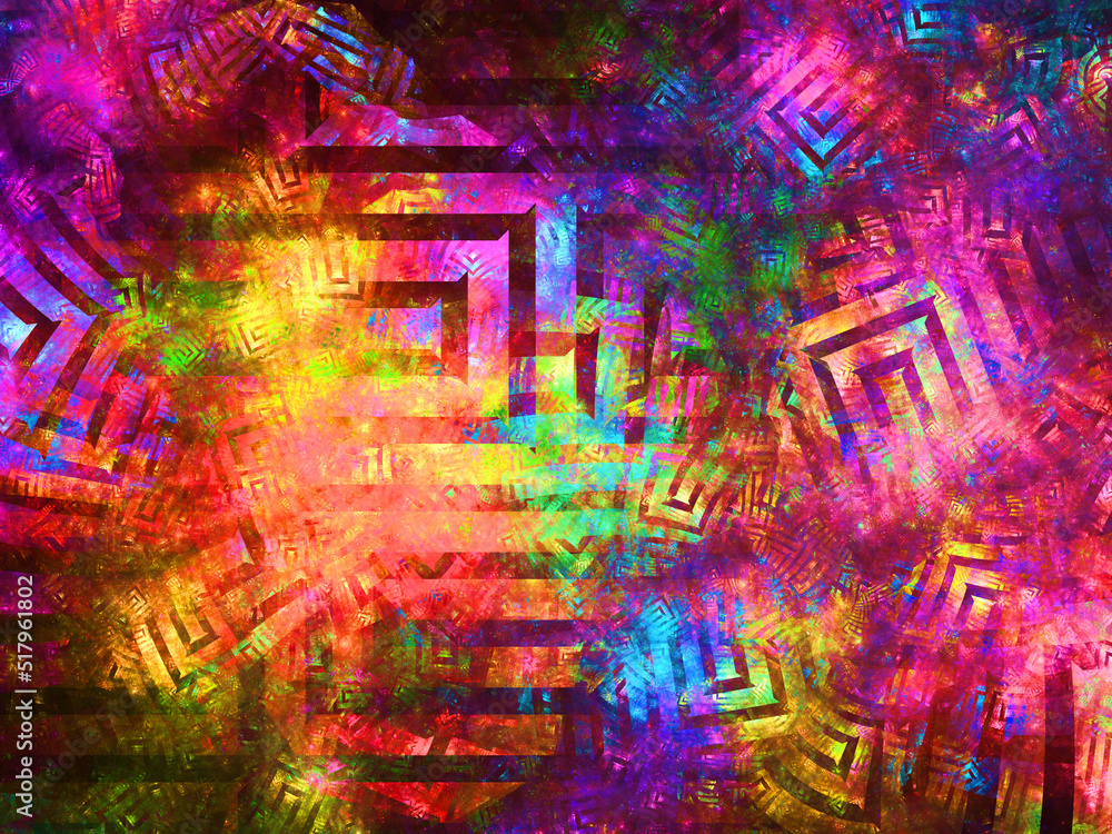 Imagen de arte fractal digital compuesta de formas angulares solapadas en colores llamativos en un conjunto que simula ser laberintos infinitos en una galaxia imposible.