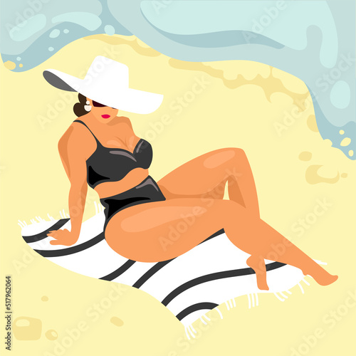 Plump woman in swimsuit and hat sunbathes on the beach near the sea or ocean vector illustration.Plus size beautiful sexy girl is relaxed on the beach.Summer vacation concept