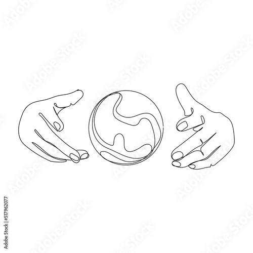 Magic crystal ball between two human Minimal art drawing.Hands with magic ball vector simple illustration.Design element for print,logo,decoration,logo template