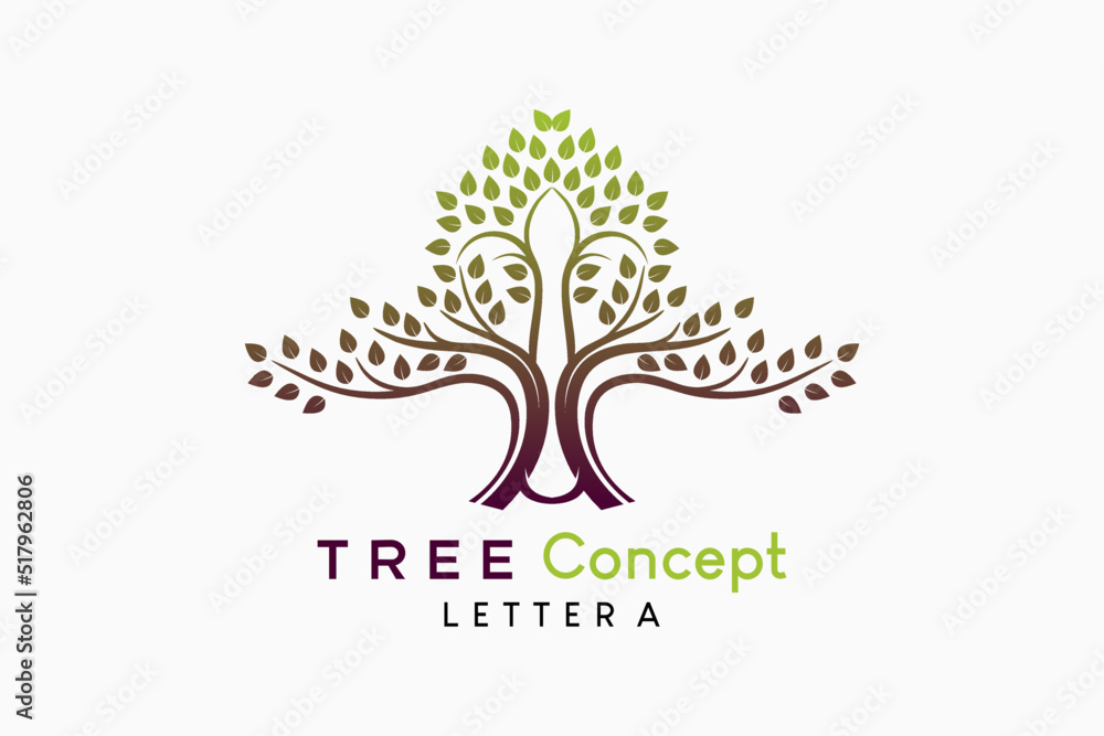 Obraz premium Tree icon logo with creative concept of letter A