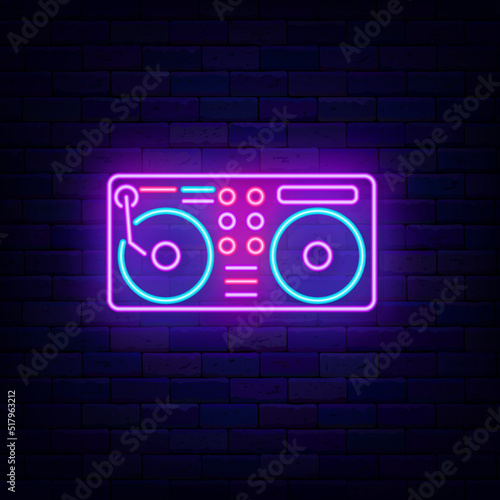 Dj remote neon icon. Music mixer. Shiny club badge. Night party event label. Light signboard. Vector illustration