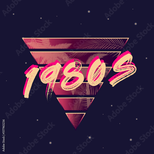 980s retro neon logo. 80's logo design with Beach palm and abstract triangle. Vector Print for T-shirt, typography. 
