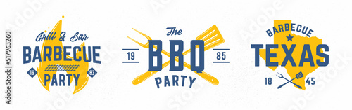 BBQ party logo set. BBQ party, Grill, barbecue restaurant poster. BBQ trendy logo with grill fork, spatula, fire flame, texas map and craft grunge textures. Vector emblems templates.
