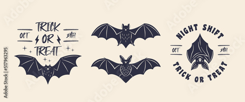Vintage hipster logo templates and 4 design elements for halloween design. Halloween party emblems. Vintage bat icons. Print for T-shirt, typography. Vector illustration