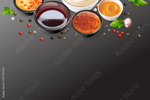 composition in ceramic saucers of various sauces and ketchup, mayonnaise, soy sauce, plum, sweet and sour, spicy, sauce with finely chopped herbs. Oriental cuisine. Japanese, Chinese, Thai cuisine.