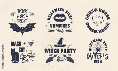 Halloween vintage emblems. Bat, Black Cat, Witch, Ghost emblems. Halloween label, badges designs. Retro prints for T-shirt, typography. Vector illustration