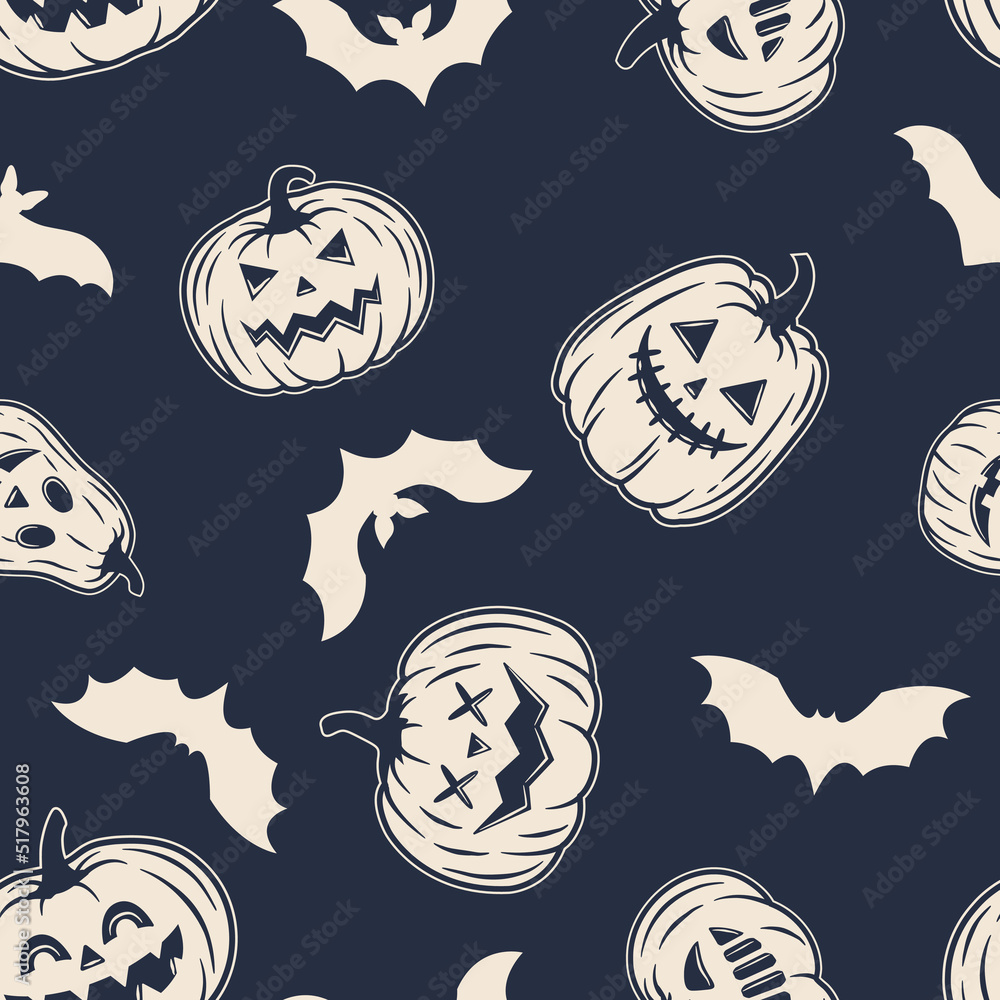 Halloween seamless pattern. Vintage halloween pumpkins with bat's silhouettes isolated on black background. Vector illustration