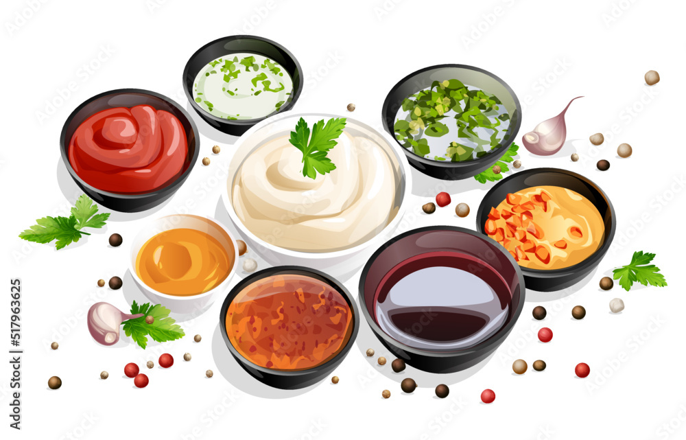 composition in ceramic saucers of various sauces and ketchup, mayonnaise, soy sauce, plum, sweet and sour, spicy, sauce with finely chopped herbs. Oriental cuisine. Japanese, Chinese, Thai cuisine. composition in ceramic saucers of various sauces and ketchup, mayonnaise, soy sauce, plum, sweet and sour, spicy, sauce with finely chopped herbs. Oriental cuisine. Japanese, Chinese, Thai cuisine.
