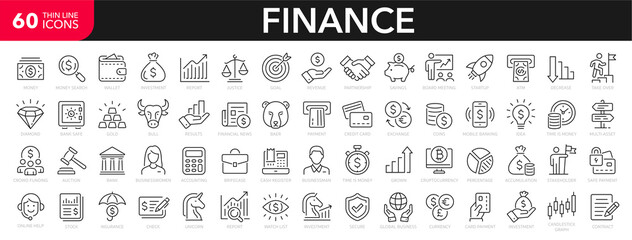 Finance line icons set. Money payments elements outline icons collection. Payments elements symbols. Currency, money, bank, cryptocurrency, check, wallet, piggy, balance, safe - stock vector.
