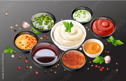composition in ceramic saucers of various sauces and ketchup, mayonnaise, soy sauce, plum, sweet and sour, spicy, sauce with finely chopped herbs. Oriental cuisine. Japanese, Chinese, Thai cuisine.