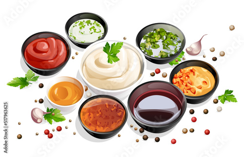 composition in ceramic saucers of various sauces and ketchup, mayonnaise, soy sauce, plum, sweet and sour, spicy, sauce with finely chopped herbs. Oriental cuisine. Japanese, Chinese, Thai cuisine.